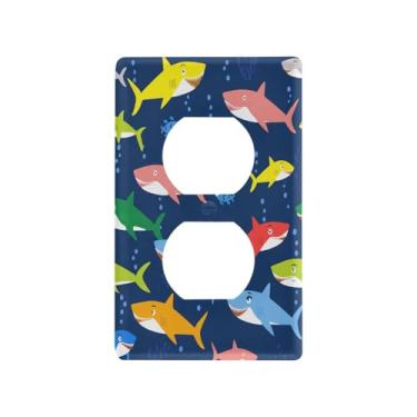 Imagem de Wassud Placa decorativa para interruptor de luz, capas decorativas de tubarões de desenho colorido, placa de parede para tomadas elétricas duplex 12 x 7 cm