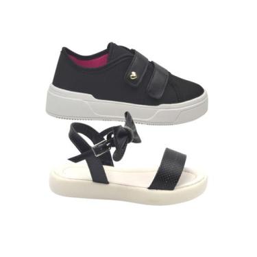 Imagem de Kit Calçados Infantil Menina Tênis Preto com Fita Alto Colante e Sandá