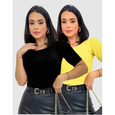 Imagem de Kit 2 Blusas Feminina Manga Curta Bufante Canelada Elegante Moda Casua