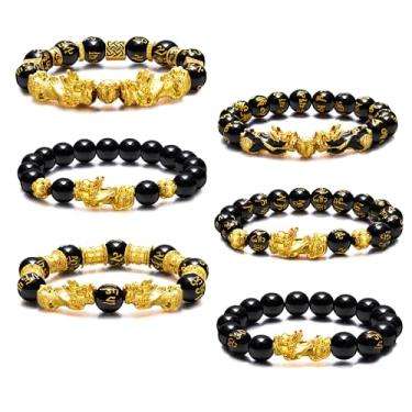 Imagem de EIELO Pulseira Feng Shui Riqueza Sorte Pixiu Pulseira Obsidiana Preta com Contas Elásticas para Mulheres Homens Boa Sorte Joias FengShui, Adjustable, Liga de aço, Sem Pedra Preciosa