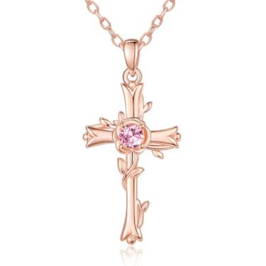 Imagem de SilvecFantasy Colar com pingente de cruz rosa para mulheres, colar de pedra do mês de nascimento da fé em ouro rosa, presente de aniversário de batismo na igreja para mãe, esposa, namorada, 1.26