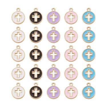 Imagem de 100 peças de pingentes de cruz redonda plana esmaltada para fabricação de joias, 5 cores de crucifixo banhado a ouro claro, pingentes de rosário para fazer pulseiras, colar e brincos