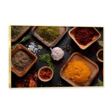 Imagem de NHLDZYH Moldura dourada. Arte de parede em tela de especiarias coloridas e colher de tempero | Decoração de cozinha vintage | Arte moderna para casa e sala de jantar. B44. 80 x 120 cm - 31,5 x 47,3