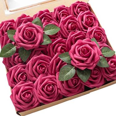Imagem de Floroom Flores artificiais, 25 peças de rosas falsas de espuma fúcsia de aparência real com hastes para buquês de casamento faça você mesmo para chá de panela, arranjos florais mesas de festa, decorações de casa
