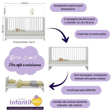 Imagem de Berço 3 Em 1 Para Colchão 130x60cm Com Cômoda 4 Gavetas Serena Multimóveis MP4745 Branco