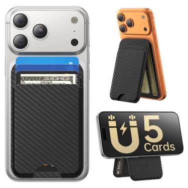 Imagem de Fanseesy Carteira MagSafe, 6 porta-cartões com suporte, suporte magnético para iPhone 17/16/15/14/13/19 Pro Max Air Plus, couro vegano com bloqueio de RFID, fibra de carbono