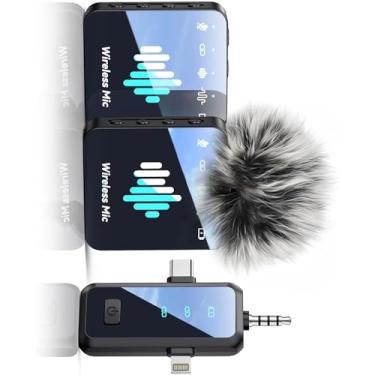 Imagem de MENERESAS Microfone 3 em 1 para iPhone: Microfone Lavalier sem fio para câmera e Android - Mini microfone - Transmissão de 100 m e vida útil da bateria 20H - Vlogging com redução de ruído de IA