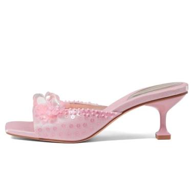 Imagem de Mattiventon Salto gatinho feminino confortável salto agulha mulle lantejoulas aberto bico quadrado sem cadarço sandálias modernas festa de formatura casamento e férias, rosa, 35