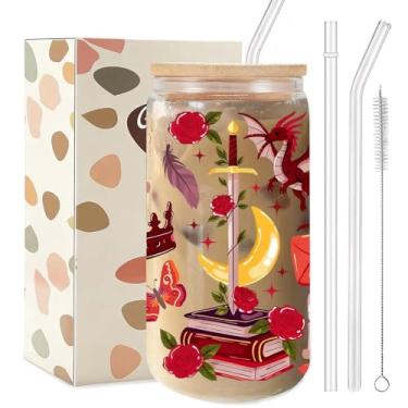 Imagem de TAGDANK Copo de vidro gótico Dark Academia, copo para amantes de livros estéticos de 473 ml com tampa e canudos, presente para leitor de tema de biblioteca mágica, presente para mulheres, copo