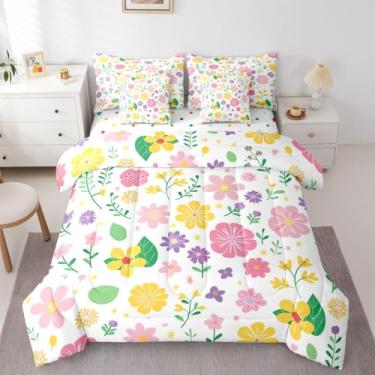 Imagem de jejeloiu Conjunto de edredom floral com 7 peças, cama de planta, tamanho casal, para crianças, meninos, meninas, fazenda, jardim, decoração de quarto, amarelo, rosa, respirável, macio e leve de