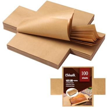 Imagem de 100 peças de folha de papel pergaminho cru + 1 conjunto de forros de silicone de grau alimentício | Assadeiras de pão pré-cortadas antiaderentes 23 x 12 cm e alça reutilizável de massa fermentada com