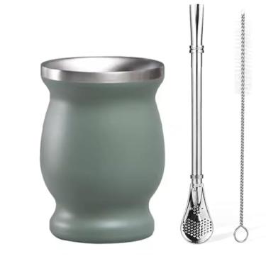 Imagem de FAMKX Copo de Erva Mate de 227 g com canudo Bombillas e escova de limpeza, caneca de cabaça de viagem de parede dupla de aço inoxidável, (verde claro)
