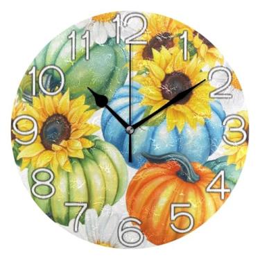 Imagem de Relógio de parede analógico decorativo, estilo pintado, abóboras, laranja, quarto, cozinha, operado por bateria, decoração de parede de casa de fazenda moderna, 25 cm, ponteiros pretos