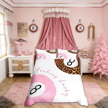 Imagem de Manfei Conjunto de capa de edredom fashion leopardo tamanho casal, jogo de cama infantil de arte moderna de guepardo estético, decoração de quarto com 8 bolas da sorte, capa de colcha rosa, branco e