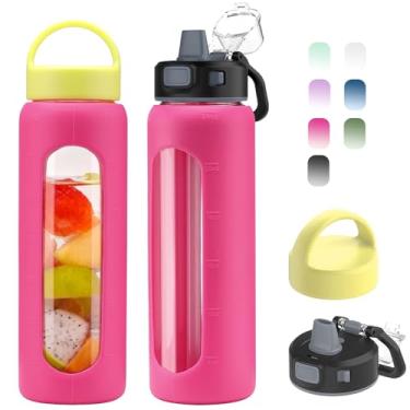 Imagem de Kodrine Garrafa de água de vidro de 680 g com canudo - 2 tampas - Garrafa de vidro de ingestão diária reutilizável de água com medidas, manga de silicone, marcador de tempo, compatível com porta-copos