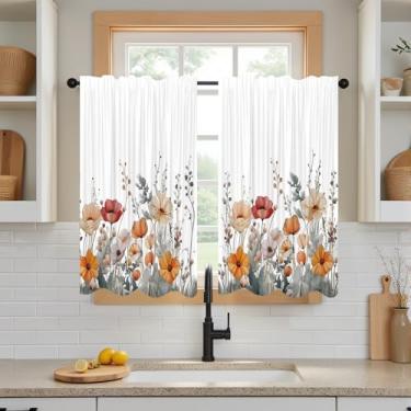 Imagem de DOTOOMA Cortinas curtas de 66 x 91 cm com flores boêmias para café com estampa floral rústica, camadas de cozinha, tratamento de janela, tom quente, decoração de casa, quarto, banheiro, sala de jantar