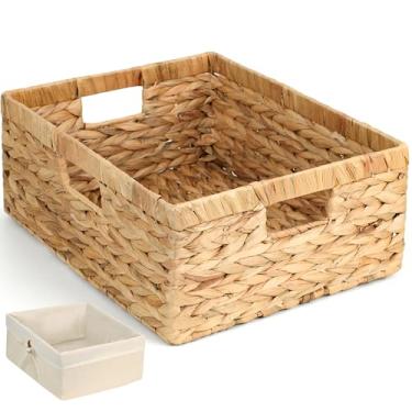 Imagem de Cestas de armazenamento de vime para organizar – Organizadores de cesta de tecido de jacinto de água natural e armazenamento para prateleiras com alças e forro de algodão para organização de decoração