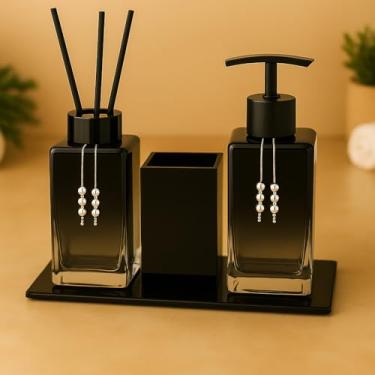 Imagem de Kit Lavabo Luxo Sabonete Líquido C/Porta Escovas e Aromatizante De Ambiente C/Bandeja(Preto Degrade C/Válvula Preta)