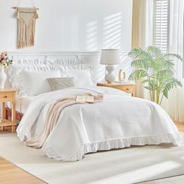 Imagem de Flysheep Conjunto de colcha branca com babados, tamanho solteiro, 2 colchas, listradas, estilo fazenda, lisa, leve e macia, para crianças (1 colcha com babados + 1 fronha)