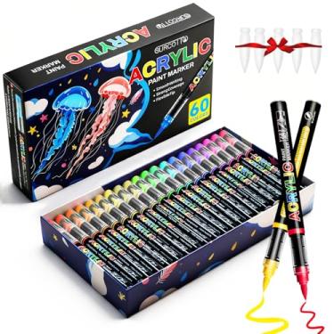 Imagem de Surcotto Marcadores de tinta acrílica de 60 cores, canetas com ponta de pincel macio, à prova d'água, secagem rápida, resistente à luz, para pintura rupestre, tela, madeira, ovo e artesanato DIY