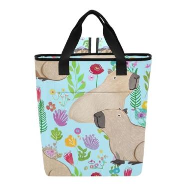 Imagem de Joitme Bolsa térmica fofa capivaras flores coloridas bolsa térmica lateral macia 36 latas sacola de compras para mantimentos