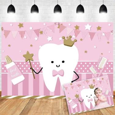 Imagem de OERJU Pano de fundo de primeiro dente para meninas rosa 1º dente de bebê pano de fundo para foto pasta de dentes com tema de dentes decoração de festa dentária banner 1º aniversário chá de bebê