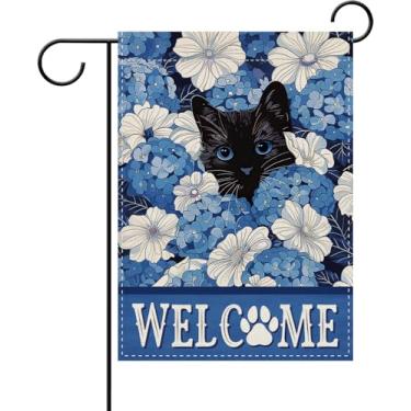 Imagem de Dyrenson Bem-vindo primavera gato preto floral decorativo jardim bandeira, hortênsia azul jardim jardim exterior decoração casa animal de estimação gato dono amante presente, casa de fazenda de verão