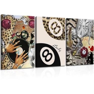 Imagem de 3 peças de arte moderna de parede de lona leopardo funky Lucky 8 bola decoração de parede moda menina negra mulher negra impressões pop música disco vinil pôsteres preppy chita estética imagens