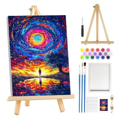 Imagem de MOGTAA Kit de pintura de céu estrelado por números para adultos iniciantes com moldura, kits de pintura por números em tela com cavalete, kits de pintura a óleo DIY fáceis para decoração de casa, 20 x