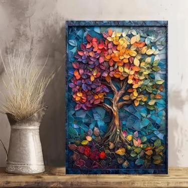 Imagem de Arte de parede em tela rústica vintage com folhas coloridas de árvore de outono - Pôster sem moldura de 20 x 30 cm - Decoração de casa e escritório para sala de estar, quarto, cozinha e café