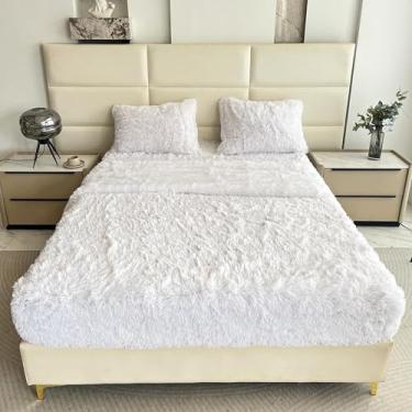 Imagem de chovy Jogo de lençol solteiro branco de pele sintética com flanela de veludo de pelúcia extramacia, felpudo (2 fronhas, 1 lençol de cima, 1 lençol com elástico)