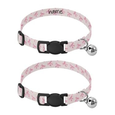 Imagem de SEHANY Conjunto de 2 coleiras de cachorro com laço rosa fofo, fivela de plástico resistente, leve, macia e leve, com sino pequeno, coleiras personalizadas com nome de animal de estimação para meninos