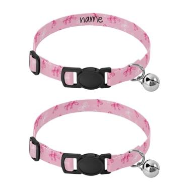 Imagem de SEHANY Conjunto de 2 coleiras de cachorro com laço rosa fofo, fivela de plástico resistente, leve, macia e leve, com sino pequeno, coleiras personalizadas com nome de animal de estimação para meninos