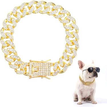 Imagem de Coleira de corrente dourada para cães pequenos com design de fivela segura, colar de cristal brilhante para animais de estimação, resistente, moderno, para caminhadas, corrente de metal para cães