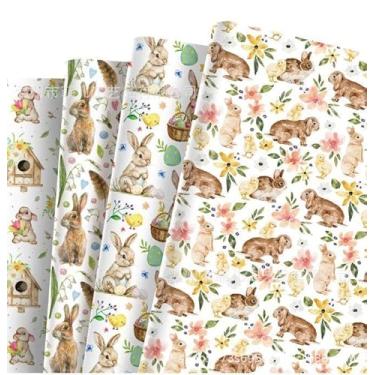 Imagem de Geluode Papel de embrulho de Páscoa, 4 folhas de papel de embrulho colorido de ovo coelho pintinho, papel de embrulho feliz dia eletrônico para crianças, meninas, meninos, amigos da família no dia de