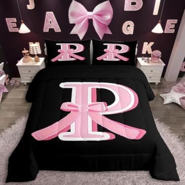 Imagem de jejeloiu Conjunto de edredom com laço rosa kawaii, presente para mulheres, adolescentes, tamanho solteiro, preto e rosa, ultramacio, personalizado, letra P, edredom, moderno e fofo