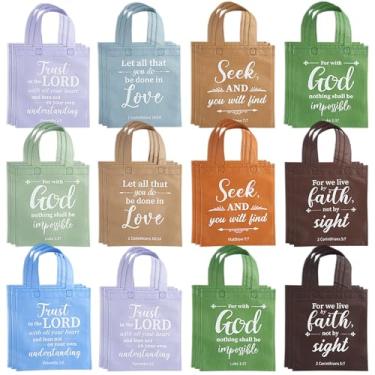 Imagem de WILLBOND 120 peças sacolas de presente cristãs reutilizáveis versículo bíblico sacos de tecido não tecido a granel cor morandi religiosa inspiradora embrulho com alça para festa de Natal na igreja