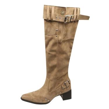 Imagem de Botas femininas com fivela de cinto pontiagudo salto grosso outono inverno, Caqui, 34