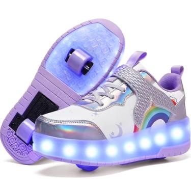 Imagem de Nsasy Tênis infantil unissex com luz de LED, roda única, rodas duplas, patins em linha, tênis para meninos e meninas, 816-roxo, 19 BR
