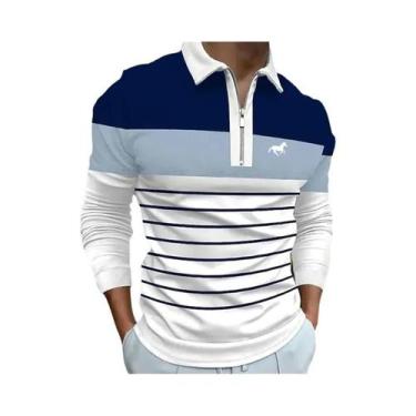 Imagem de Camisa Polo Masculina De Manga Longa Com Zíper E Listras, Secagem Rápi