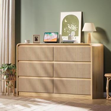 Imagem de BEROXII Cômoda de 6 gavetas para quarto, cômoda de madeira natural, organizador de armazenamento versátil com painel canelado para sala de estar, escritório, corredores, cozinha natural, 6 gavetas