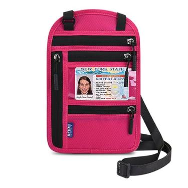 Imagem de Carteira de pescoço, porta-passaporte com bloqueio RFID, bolsa multipassaporte, carteira de viagem para passaporte, bolsa de viagem fácil de ocultar, Vermelho rosa, Rfid