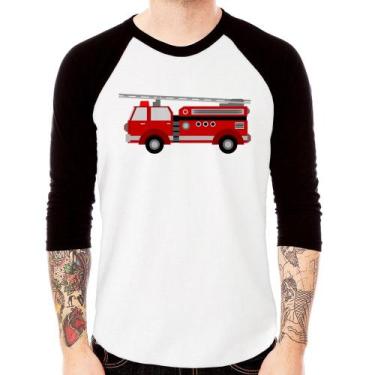 Imagem de Camiseta Raglan Caminhão de Bombeiro Manga 3/4 - Foca na Moda, Branco,