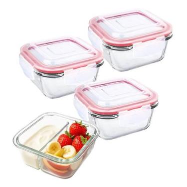 Imagem de Kit 3 Potes De Vidro Tampa Hermético 2 Divisórias Marmita Fit 4 Travas