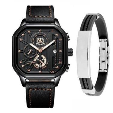 Imagem de Relógio Masculino Casual Couro Luxo Cronógrafo Kit Pulseira-Masculino