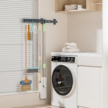 Imagem de PrimZooty Suporte de vassoura com 9 ganchos deslizantes ajustáveis, vassoura deslizante multifuncional e organizador de esfregão ganchos de organização de garagem, para lavanderia de armário - cinza