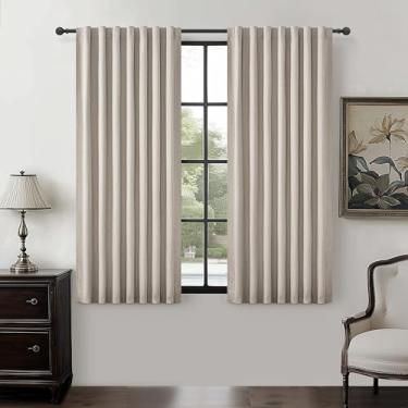 Imagem de Cortinas de escurecimento de quarto de janela pequena cinza de linho acinzentado 137 cm de comprimento para quarto/porão, cortina blackout térmica e à prova de som Boho Linen com abas traseiras