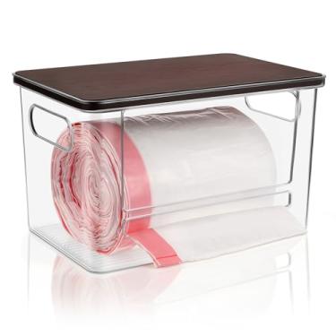 Imagem de Hiitytin Dispensador de saco de lixo, dispensador de suporte de saco de lixo com parte superior de bambu, suporte de saco de lixo extra grande, organizador de sacos de lixo sob a pia para cozinha