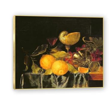 Imagem de NHLDZYH Moldura dourada. Arte de parede vintage - natureza morta com frutas - quadro de tela de estilo clássico - pintura de natureza morta com moldura decorativa. A49. 40 x 48 cm.
