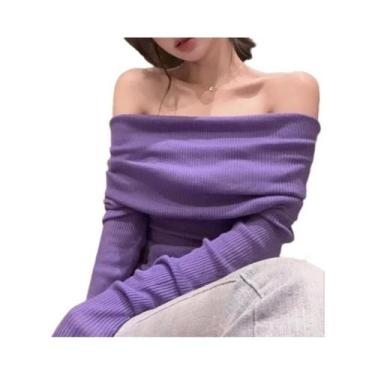 Imagem de Suéter De Malha Feminino Com Ombros Descidos, Manga Longa, Ajuste Slim